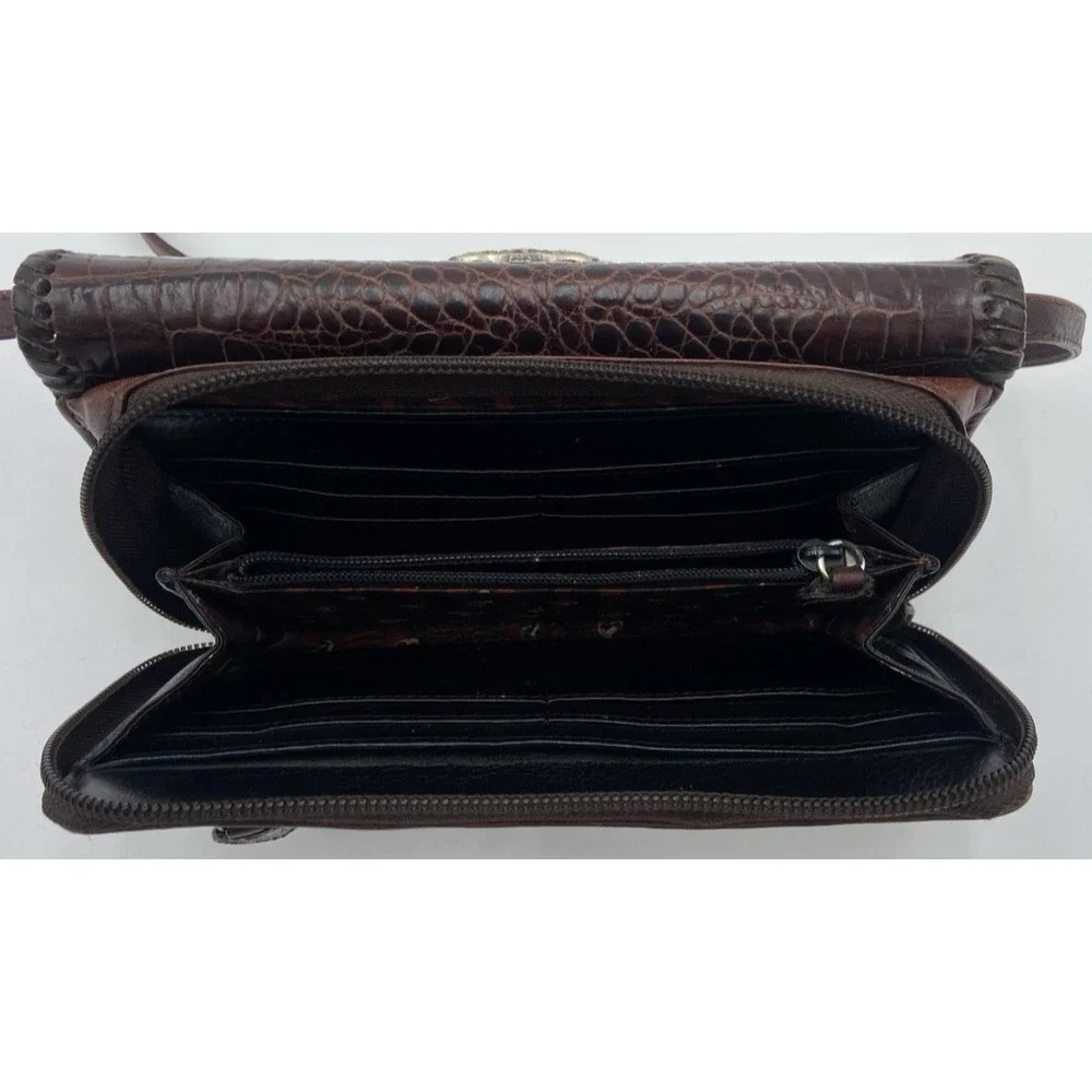 BRIGHTON Vintage Crossbody Purse Wallet Black Brown Leather Strap Travel Clutch